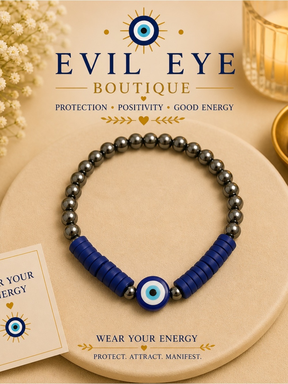 Evil Eye Boutique Blue & Hematite Beaded Protection Bracelet